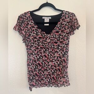 Ami Black and Pink Floral Blouse, Size Medium